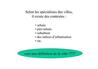 Selon les spécialistes des villes,
    il existe des contextes :

       • urbain
       • péri-urbain
       • suburbain
       • des indices d’urbanisation
       • etc.


vers une définition de la ville ????
 