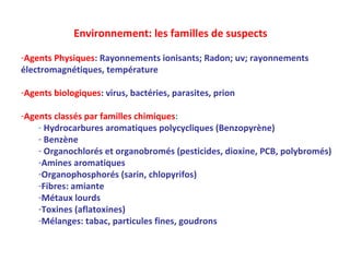 Environnement: les familles de suspects Agents Physiques : Rayonnements ionisants; Radon; uv; rayonnements électromagnétiques, température Agents biologiques : virus, bactéries, parasites, prion Agents classés par familles chimiques : Hydrocarbures aromatiques polycycliques (Benzopyrène) Benzène Organochlorés et organobromés (pesticides, dioxine, PCB, polybromés) Amines aromatiques Organophosphorés (sarin, chlopyrifos) Fibres: amiante Métaux lourds Toxines (aflatoxines) Mélanges: tabac, particules fines, goudrons 