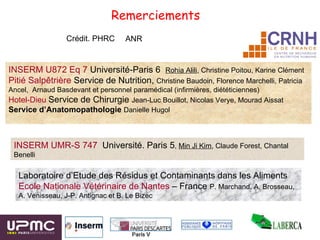 Remerciements   Laboratoire d’Etude des Résidus et Contaminants dans les Aliments Ecole Nationale Vétérinaire de Nantes  – France  P. Marchand, A. Brosseau, A. Venisseau, J-P. Antignac et B. Le Bizec INSERM U872 Eq 7  Université-Paris 6  Rohia Alili , Christine Poitou, Karine Clément  Pitié Salpêtrière  Service de Nutrition,  Christine Baudoin, Florence Marchelli, Patricia Ancel,  Arnaud Basdevant et personnel paramédical (infirmières, diététiciennes) Hotel-Dieu   Service de Chirurgie  Jean-Luc Bouillot, Nicolas Verye, Mourad Aissat Service d’Anatomopathologie   Danielle Hugol INSERM UMR ‑ S 747   Université. Paris 5 ,  Min Ji Kim , Claude Forest, Chantal Benelli ANR Crédit. PHRC 