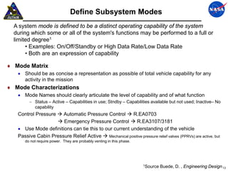 Define Subsystem Modes
  A system mode is defined to be a distinct operating capability of the system
  during which some or all of the system's functions may be performed to a full or
  limited degree1
       • Examples: On/Off/Standby or High Data Rate/Low Data Rate
       • Both are an expression of capability

♦ Mode Matrix
   • Should be as concise a representation as possible of total vehicle capability for any
     activity in the mission
♦ Mode Characterizations
   • Mode Names should clearly articulate the level of capability and of what function
        − Status – Active – Capabilities in use; Stndby – Capabilities available but not used; Inactive– No
          capability
   Control Pressure  Automatic Pressure Control  R.EA0703
                     Emergency Pressure Control  R.EA3107/3181
   • Use Mode definitions can tie this to our current understanding of the vehicle
   Passive Cabin Pressure Relief Active  Mechanical positive pressure relief valves (PPRVs) are active, but
      do not require power. They are probably venting in this phase.




                                                                       1Source   Buede, D. , Engineering Design 13
 