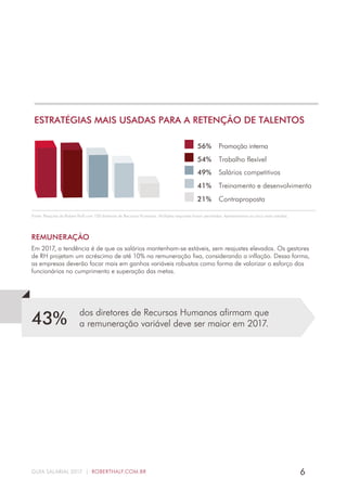6GUIA SALARIAL 2017 | ROBERTHALF.COM.BR
ESTRATÉGIAS MAIS USADAS PARA A RETENÇÃO DE TALENTOS
49% Salários competitivos
54% Trabalho flexível
56% Promoção interna
41% Treinamento e desenvolvimento
21% Contraproposta
REMUNERAÇÃO
Em 2017, a tendência é de que os salários mantenham-se estáveis, sem reajustes elevados. Os gestores
de RH projetam um acréscimo de até 10% na remuneração fixa, considerando a inflação. Dessa forma,
as empresas deverão focar mais em ganhos variáveis robustos como forma de valorizar o esforço dos
funcionários no cumprimento e superação das metas.
dos diretores de Recursos Humanos afirmam que
a remuneração variável deve ser maior em 2017.43%
Fonte: Pesquisa da Robert Half com 100 diretores de Recursos Humanos. Múltiplas respostas foram permitidas. Apresentamos as cinco mais votadas.
 