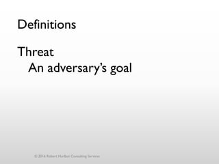 Definitions
Threat
An adversary’s goal
© 2016 Robert Hurlbut Consulting Services
 