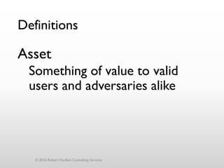 Definitions
Asset
Something of value to valid
users and adversaries alike
© 2016 Robert Hurlbut Consulting Services
 