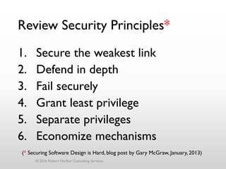 Review Security Principles*
1. Secure the weakest link
2. Defend in depth
3. Fail securely
4. Grant least privilege
5. Separate privileges
6. Economize mechanisms
© 2016 Robert Hurlbut Consulting Services
(* Securing Software Design is Hard, blog post by Gary McGraw, January, 2013)
 