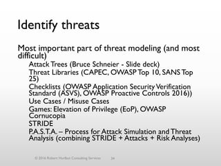 Identify threats
Most important part of threat modeling (and most
difficult)
Attack Trees (Bruce Schneier - Slide deck)
Threat Libraries (CAPEC, OWASP Top 10, SANS Top
25)
Checklists (OWASP Application SecurityVerification
Standard (ASVS), OWASP Proactive Controls 2016))
Use Cases / Misuse Cases
Games: Elevation of Privilege (EoP), OWASP
Cornucopia
STRIDE
P.A.S.T.A. – Process for Attack Simulation and Threat
Analysis (combining STRIDE + Attacks + Risk Analyses)
© 2016 Robert Hurlbut Consulting Services 34
 