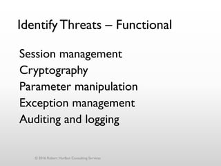 IdentifyThreats – Functional
Session management
Cryptography
Parameter manipulation
Exception management
Auditing and logging
© 2016 Robert Hurlbut Consulting Services
 