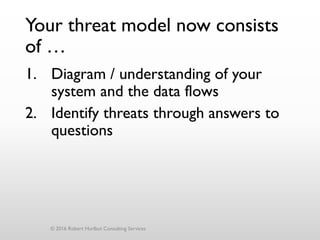 Your threat model now consists
of …
1. Diagram / understanding of your
system and the data flows
2. Identify threats through answers to
questions
© 2016 Robert Hurlbut Consulting Services
 