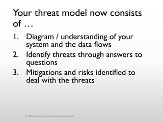 Your threat model now consists
of …
1. Diagram / understanding of your
system and the data flows
2. Identify threats through answers to
questions
3. Mitigations and risks identified to
deal with the threats
© 2016 Robert Hurlbut Consulting Services
 