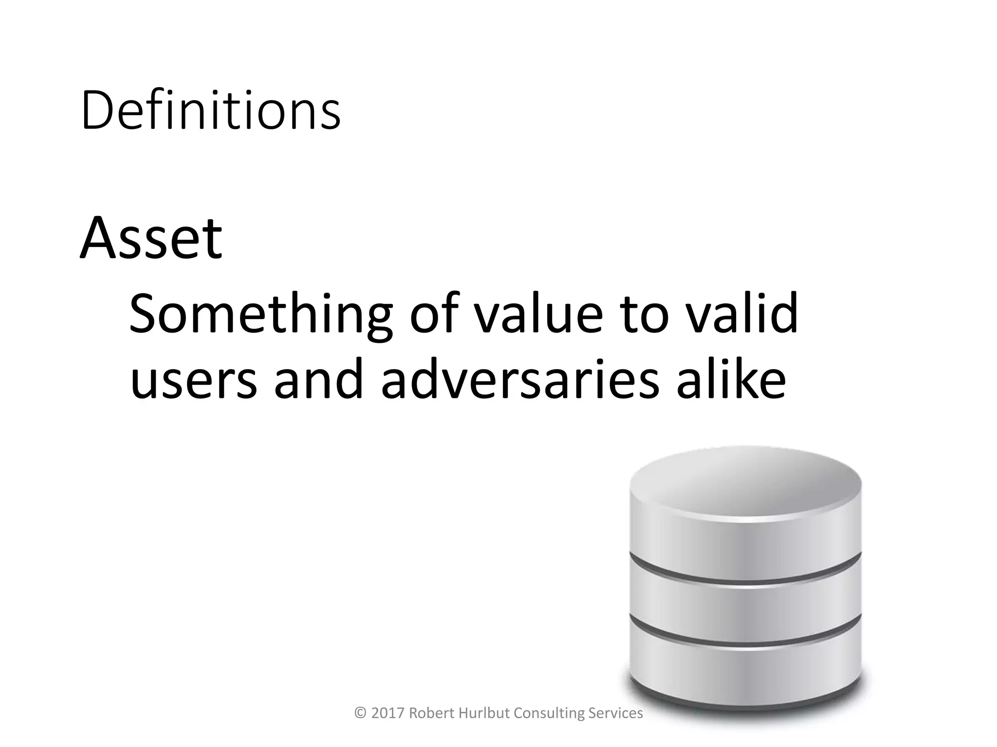 Definitions
Asset
Something of value to valid
users and adversaries alike
© 2017 Robert Hurlbut Consulting Services
 