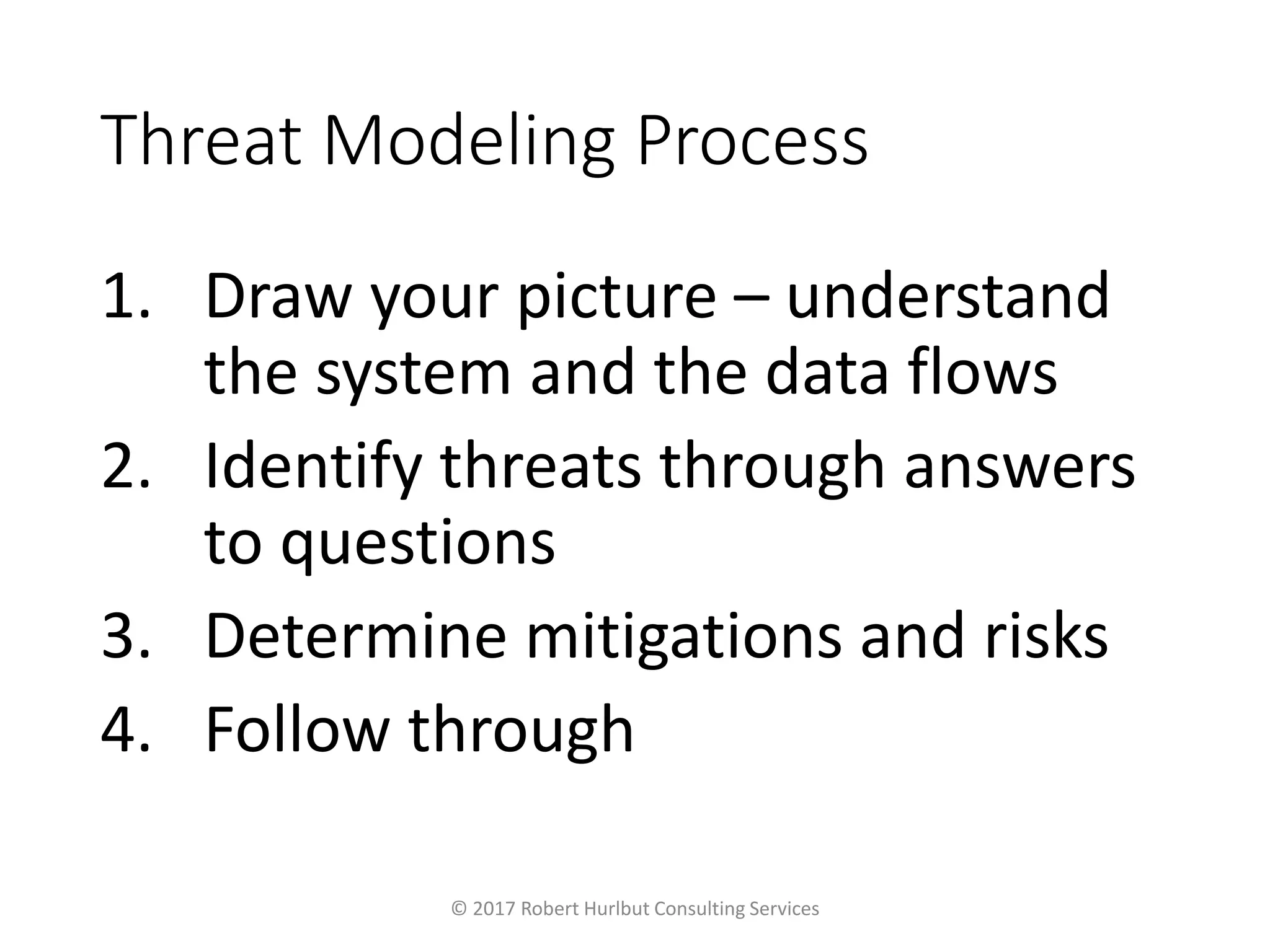 Threat Modeling Process
1. Draw your picture – understand
the system and the data flows
2. Identify threats through answers
to questions
3. Determine mitigations and risks
4. Follow through
© 2017 Robert Hurlbut Consulting Services
 