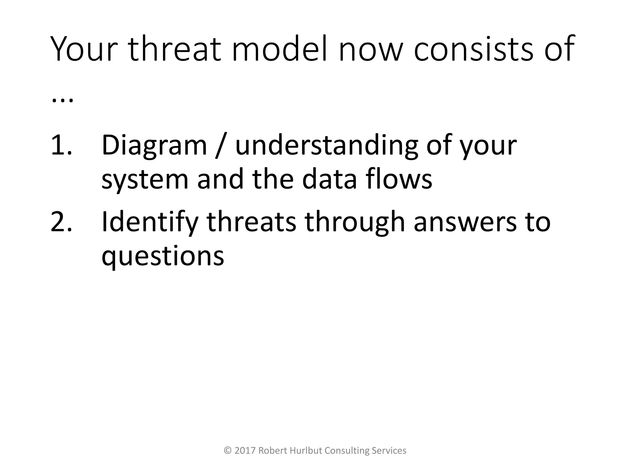 Your threat model now consists of
…
1. Diagram / understanding of your
system and the data flows
2. Identify threats through answers to
questions
© 2017 Robert Hurlbut Consulting Services
 