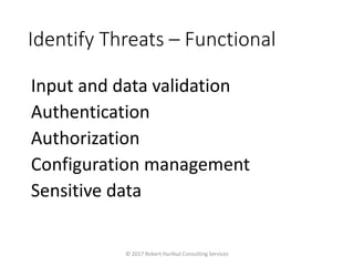 Identify Threats – Functional
Input and data validation
Authentication
Authorization
Configuration management
Sensitive data
© 2017 Robert Hurlbut Consulting Services
 