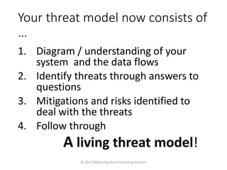Your threat model now consists of
…
1. Diagram / understanding of your
system and the data flows
2. Identify threats through answers to
questions
3. Mitigations and risks identified to
deal with the threats
4. Follow through
A living threat model!
© 2017 Robert Hurlbut Consulting Services
 