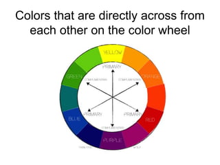 Colors that are directly across from
each other on the color wheel
 