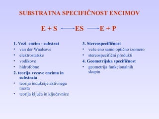 SUBSTRATNA SPECIFIČNOST ENCIMOV E + S  ES  E + P   1.  Vezi  encim - substrat van der Waalsove elektrostatske vodikove hidrofobne 2. teorija vezave encima in substrata teorija indukcije aktivnega mesta teorija ključa in ključavnice 3.  Stereospecifičnost veže eno samo optično izomero stereospecifični produkti 4. Geometrijska specifičnost geometrija funkcionalnih skupin 
