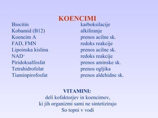 KOENCIMI Biocitin Kobamid (B12) Koencim A FAD, FMN Lipoinska kislina NAD + Piridoksalfosfat Tetrahidrofolat Tiaminpirofosfat karboksilacije alkiliranje prenos acilne sk. redoks reakcije prenos acilne sk. redoks reakcije prenos aminske sk. prenos ogljika prenos aldehidne sk. VITAMINI:   deli kofaktorjev in koencimov, ki jih organizmi sami ne sintetizirajo So topni v vodi 