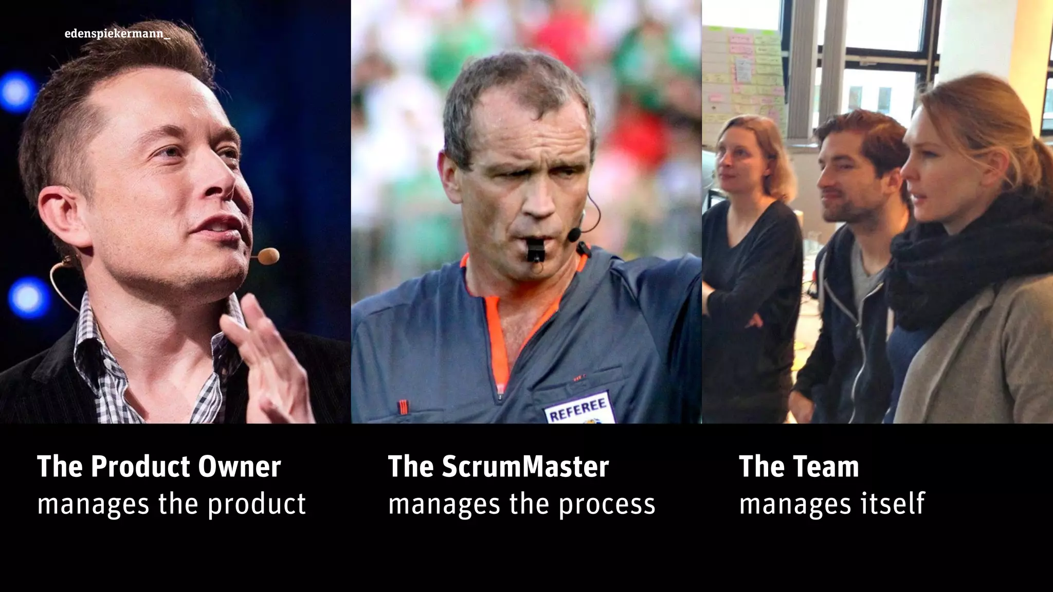 edenspiekermann_
The roles in Scrum
The Product Owner
manages the product
The ScrumMaster
manages the process
The Team  
manages itself
edenspiekermann_
 