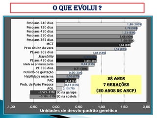 O que evolui ?
    Peso aos 240 dias                                                       1,86 (100%)
    Peso aos 120 dias                                                     1,78 (96%)
    Peso aos 450 dias                                                   1,73 (93%)
    Peso aos 550 dias                                                 1,68 (90%)
    Peso aos 365 dias                                                  1,68 (90%)
                 MGT                                                 1,64 (88%)
  Peso adulto da vaca                                             1,54 (83%)
      PE aos 365 dias                                1,08 (58%)
             Stayability                       0,89 (48%)
       PE aos 450 dias                         0,89 (48%)
  Idade ao primeiro parto                    0,84 (45%)
           PE 550 dias                0,71 (38%)
  Período de gestação              0,56 (30%)
   Habilidade materna            0,50 (27%)
                  PAC           0,44 (24%)
                                                             28 anos
Prob. de Parto Precoce          0,18 (10%)                 7 gerações
                  AOL         0,13 (7%)
             -0,57 (-31%) EG na garupa                  (20 anos de ANCP)
              -0,58 (-31%) EG na costela
 