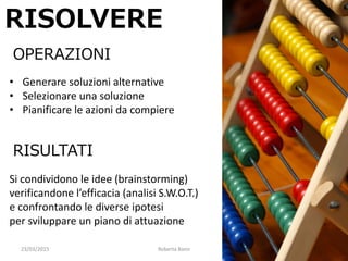 23/03/2015 Roberta Bano 15
RISOLVERE
• Generare soluzioni alternative
• Selezionare una soluzione
• Pianificare le azioni da compiere
Si condividono le idee (brainstorming)
verificandone l’efficacia (analisi S.W.O.T.)
e confrontando le diverse ipotesi
per sviluppare un piano di attuazione
OPERAZIONI
RISULTATI
 