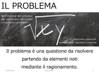 23/03/2015 Roberta Bano 6
IL PROBLEMA
…si integrano capacità
e competenze logiche e creative
Nell’insieme dei processi
per analizzare, affrontare
e risolvere i problemi …
Il problema è una questione da risolvere
partendo da elementi noti
mediante il ragionamento.
 