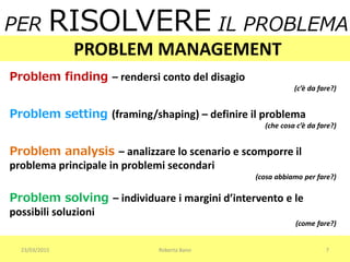 23/03/2015 Roberta Bano 7
PER RISOLVERE IL PROBLEMA
PROBLEM MANAGEMENT
Problem finding – rendersi conto del disagio
(c’è da fare?)
Problem setting (framing/shaping) – definire il problema
(che cosa c’è da fare?)
Problem analysis – analizzare lo scenario e scomporre il
problema principale in problemi secondari
(cosa abbiamo per fare?)
Problem solving – individuare i margini d’intervento e le
possibili soluzioni
(come fare?)
 