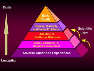Adoption of
Health-risk Behaviors
Social, Emotional, &
Cognitive Impairment
Early
Death
Adverse Childhood Experiences
Death
Disease, Disability
and Social Problems
Conception
Scientific
gaps
 