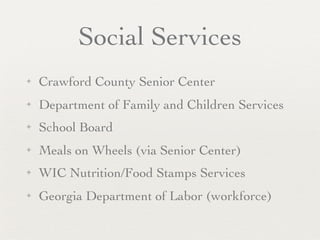 Social Services
✦   Crawford County Senior Center
✦   Department of Family and Children Services
✦   School Board
✦   Meals on Wheels (via Senior Center)
✦   WIC Nutrition/Food Stamps Services
✦   Georgia Department of Labor (workforce)
 