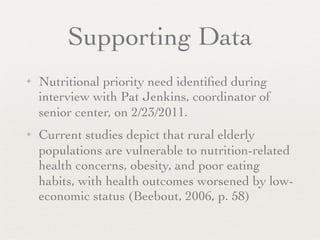 Supporting Data
✦   Nutritional priority need identiﬁed during
    interview with Pat Jenkins, coordinator of
    senior center, on 2/23/2011.
✦   Current studies depict that rural elderly
    populations are vulnerable to nutrition-related
    health concerns, obesity, and poor eating
    habits, with health outcomes worsened by low-
    economic status (Beebout, 2006, p. 58)
 
