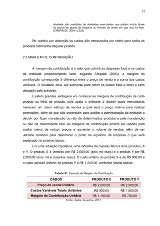21
atividade são medições de atividades executadas que podem incluir horas
do tempo de ajuste de máquina ou número de vezes em que isso foi feito.
(CREPALDI, 2004, p.223)
No custeio por absorção os custos são mensurados por rateio para todos os
produtos fabricados naquele período.
2.3 MARGEM DE CONTRIBUIÇÃO
A margem de contribuição é o valor que cobrirá as despesas fixas e os custos
da entidade proporcionando lucro, segundo Crepaldi (2004), a margem de
contribuição corresponde à diferença entre o preço de venda e a soma dos custos
variáveis. O resultado deve ser suficiente para cobrir os custos fixos e obter o lucro
desejado pela entidade.
Existem grandes vantagens em conhecer as margens de contribuição de cada
produto ou linha de produto, pois ajuda a entidade a decidir quais mercadorias
merecem um maior esforço de vendas e qual será o preço mínimo para realizar
promoções, além de que são essenciais para auxiliar a administração da entidade a
decidir por fazer manutenção ou não de determinados produtos e pela manutenção
ou não de determinada filial. As margens de contribuição podem ser usadas para
avaliar meios de reduzir preços e aumentar o volume de vendas, além de ser
utilizada também para determinar o ponto de equilíbrio da empresa o que será
explanado no próximo tópico.
Em uma situação hipotética, uma indústria de massas fabrica dois produtos, X
e Y. O produto X é vendido por R$ 2.000,00 (dois mil reais) e o produto Y por R$
2.200,00 (dois mil e duzentos reais). O custo unitário do produto X é de R$ 900,00 e
o custo variável unitário do produto Y é R$ 1.500,00, conforme tabela abaixo:
Tabela 01: Exemplo de Margem de Contribuição
DADOS PRODUTO X PRODUTO Y
Preço de venda Unitário R$ 2.000,00 R$ 2.200,00
Custos Variáveis Totais Unitários R$ 900,00 R$ 1.500,00
Margem de Contribuição Unitária R$ 1.100,00 R$ 700,00
Fonte: dados da autora, 2017.
 