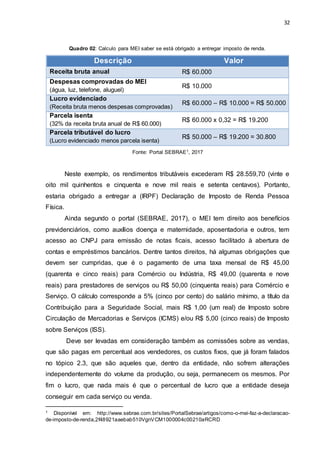 32
Quadro 02: Calculo para MEI saber se está obrigado a entregar imposto de renda.
Descrição Valor
Receita bruta anual R$ 60.000
Despesas comprovadas do MEI
(água, luz, telefone, aluguel)
R$ 10.000
Lucro evidenciado
(Receita bruta menos despesas comprovadas)
R$ 60.000 – R$ 10.000 = R$ 50.000
Parcela isenta
(32% da receita bruta anual de R$ 60.000)
R$ 60.000 x 0,32 = R$ 19.200
Parcela tributável do lucro
(Lucro evidenciado menos parcela isenta)
R$ 50.000 – R$ 19.200 = 30.800
Fonte: Portal SEBRAE1, 2017
Neste exemplo, os rendimentos tributáveis excederam R$ 28.559,70 (vinte e
oito mil quinhentos e cinquenta e nove mil reais e setenta centavos). Portanto,
estaria obrigado a entregar a (IRPF) Declaração de Imposto de Renda Pessoa
Física.
Ainda segundo o portal (SEBRAE, 2017), o MEI tem direito aos benefícios
previdenciários, como auxílios doença e maternidade, aposentadoria e outros, tem
acesso ao CNPJ para emissão de notas ficais, acesso facilitado à abertura de
contas e empréstimos bancários. Dentre tantos direitos, há algumas obrigações que
devem ser cumpridas, que é o pagamento de uma taxa mensal de R$ 45,00
(quarenta e cinco reais) para Comércio ou Indústria, R$ 49,00 (quarenta e nove
reais) para prestadores de serviços ou R$ 50,00 (cinquenta reais) para Comércio e
Serviço. O cálculo corresponde a 5% (cinco por cento) do salário mínimo, a título da
Contribuição para a Seguridade Social, mais R$ 1,00 (um real) de Imposto sobre
Circulação de Mercadorias e Serviços (ICMS) e/ou R$ 5,00 (cinco reais) de Imposto
sobre Serviços (ISS).
Deve ser levadas em consideração também as comissões sobre as vendas,
que são pagas em percentual aos vendedores, os custos fixos, que já foram falados
no tópico 2.3, que são aqueles que, dentro da entidade, não sofrem alterações
independentemente do volume da produção, ou seja, permanecem os mesmos. Por
fim o lucro, que nada mais é que o percentual de lucro que a entidade deseja
conseguir em cada serviço ou venda.
1 Disponível em: http://www.sebrae.com.br/sites/PortalSebrae/artigos/como-o-mei-faz-a-declaracao-
de-imposto-de-renda,2f48921aaebab510VgnVCM1000004c00210aRCRD
 