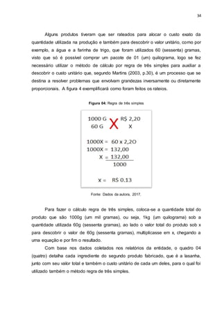 34
Alguns produtos tiveram que ser rateados para alocar o custo exato da
quantidade utilizada na produção e também para descobrir o valor unitário, como por
exemplo, a água e a farinha de trigo, que foram utilizados 60 (sessenta) gramas,
visto que só é possível comprar um pacote de 01 (um) quilograma, logo se fez
necessário utilizar o método de cálculo por regra de três simples para auxiliar a
descobrir o custo unitário que, segundo Martins (2003, p.30), é um processo que se
destina a resolver problemas que envolvam grandezas inversamente ou diretamente
proporcionais. A figura 4 exemplificará como foram feitos os rateios.
Figura 04: Regra de três simples
Fonte: Dados da autora, 2017.
Para fazer o cálculo regra de três simples, coloca-se a quantidade total do
produto que são 1000g (um mil gramas), ou seja, 1kg (um quilograma) sob a
quantidade utilizada 60g (sessenta gramas), ao lado o valor total do produto sob x
para descobrir o valor de 60g (sessenta gramas), multiplicasse em x, chegando a
uma equação e por fim o resultado.
Com base nos dados coletados nos relatórios da entidade, o quadro 04
(quatro) detalha cada ingrediente do segundo produto fabricado, que é a lasanha,
junto com seu valor total e também o custo unitário de cada um deles, para o qual foi
utilizado também o método regra de três simples.
 