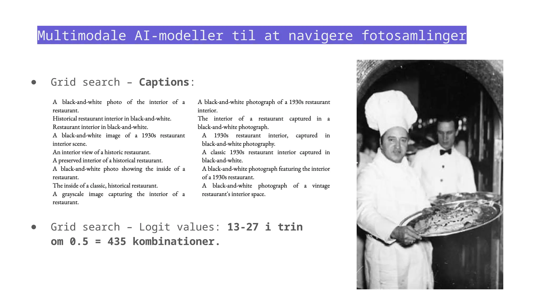 Multimodale AI-modeller til at navigere fotosamlinger
● Grid search – Captions:
● Grid search – Logit values: 13-27 i trin
om 0.5 = 435 kombinationer.
 