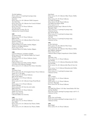 The Kish Lighthouse.
Oil on canvas, 12 x 8, painting for postage stamp.
Collection An Post.
Innovation.
Oil on canvas, 16 x 20. Collection CARA Computers.
The School Show.
Oil on canvas, 30 x 20. Collection Arts Council of Ireland.
The Mood is Kaliber.
Oil on canvas, 30 x 24. Private Collection.
The Dance of Life.
Oil and acrylic on canvas, 30 x 24.
Collection Arts Council of Ireland.
1987
The Quinn Family.
Oil on canvas, 30 x 24. Private Collection.
Ballycotton Bay.
Oil on canvas, 24 x 24. Collection Bank of Nova Scotia.
Painted in Smolian.
Oil on canvas, 18 x 24.
Collection District Art Gallery, Smolian, Bulgaria.
Window on the Rodope Mountains.
Oil on canvas, 18 x 24.
Collection District Art Gallery, Smolian, Bulgaria.
1988
Caremcita Hederman, Lord Mayor of Dublin.
Oil on canvas, 30 x 30. Collection Dublin City Council.
The Reiner Family.
Oil on canvas, 30 x 24. Private Collection, Austria.
The Citizen.
Oil on canvas, 12 x 8.
Collection District Art Gallery, Smolian, Bulgaria.
In the Heart of the Hibernian Metropolis.
Oil on canvas, 23 x 31. Collection New Artists, Amsterdam.
1989
The History Lesson.
Oil on canvas, 48 x 48 x 48 (triangular format). Private Collection.
Upstairs No. 4, The Studio.
Oil on canvas, 78 x 60. Private Collection.
Spike and the Professor.
Oil on canvas, 12 x 8. Private Collection.
Irish Still Life.
Oil on canvas, 24 x 36. Collection Groupe Pernod Ricard.
Chink.
Oil on canvas, 12 x 8. Private Collection.
Michael O’Riordan.
Oil on canvas, 36 x 48. From the artist’s studio.
Bobby Sands M.P.
Oil on canvas, 30 x 24. Private Collection.
Dublin City University.
Oil on canvas, 24 x 62.
Collection Dublin City University.
1990
Charles Stuart Parnell
Oil on canvas, 54 x 22. Private Collection.
Oscar Wilde.
Oil on canvas, 36 x 24. Collection Gate Theatre, Dublin.
Three Sisters.
Oil on canvas, 24 x 24. Collection Gate Theatre, Dublin.
Faith Healer.
Oil on canvas, 30 x 18. Collection Abbey Theatre, Dublin.
Le Fenêtre.
Oil on canvas, 40 x 40. Private Collection.
The Origin of Language.
Oil on canvas, 54 x 66. Private Collection.
The Playboy of the Western World.
Oil on canvas, 8 x 12,
painting for postage stamp. Collection An Post.
Waiting for Godot.
Oil on canvas, 8 x 12, painting for postage stamp.
Collection An Post.
Juno and the Paycock.
Oil on canvas, 8 x 12, painting for postage stamp.
Collection An Post.
The Field.
Oil on canvas, 8 x 12, painting for postage stamp.
Collection An Post.
1991
La Nuit Américaine.
Oil on canvas, 30 x 36. Collection Velux Group.
Liam McCormack, Architect.
Oil on canvas, 48 x 36, Collection Ulster Museum, Belfast.
John Medlycott, Headmaster.
Oil on canvas, 46 x 62.
Collection Mount Temple Comprehensive School, Dublin.
1992
Niall Tobin, Actor.
Oil on canvas, 18 x 12. Private Collection.
Sean Dowling.
Oil on canvas, 31 x 19. Collection Kilmainham Jail, Dublin.
Out of the Blue.
Oil on canvas, 30 x 20. Collection John Player & Sons Ltd.
Cell.
Oil on canvas, 12 x 8. Collection Kilmainham Jail, Dublin.
Dolmen and Stars.
Oil on canvas, 8 x 12, painting for postage stamp.
Collection An Post.
1993
Féile an Phobal.
Oil on canvas. 19 x 14. Private Collection.
Douglas Hyde.
Oil on canvas, 15 x 14. Private Collection.
J.B. Keane, Playwright.
Oil on canvas, 66 x 36. Private Collection.
1994
Irish Nobel Prize Winners: G.B. Shaw, Samuel Beckett, W.B. Yeats
and Séan MacBride.
Oil on four canvases, paintings for postage stamps, each 8 x 12.
Collection An Post.
1995
Europa, Peace and Freedom.
Oil on two canvases, paintings for postage stamps, 8 x 12.
Collection An Post.
1996
Ruairi Rapple.
Oil on canvas, 30 x 24. Private Collection.
111
 