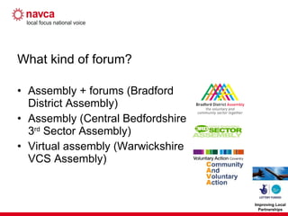 What kind of forum? Assembly + forums (Bradford District Assembly) Assembly (Central Bedfordshire 3 rd  Sector Assembly) Virtual assembly (Warwickshire VCS Assembly) 