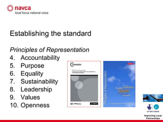 Establishing the standard Principles of Representation Accountability Purpose Equality Sustainability Leadership Values Openness 