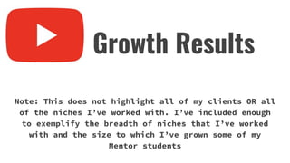 Note: This does not highlight all of my clients OR all
of the niches I’ve worked with. I’ve included enough
to exemplify the breadth of niches that I’ve worked
with and the size to which I’ve grown some of my
Mentor students
Growth Results
 