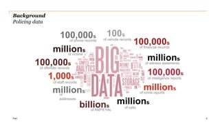 PwC
Background
Policing data
5
of staff records
1,000s
of
addresses
millions
of victims
millions
of ANPR hits
billions
of vehicle records
100s
of phone records
100,000s
of financial records
100,000s
of offender records
100,000s of witness statements
millions
of intelligence reports
100,000s
of calls
millions
of crime reports
millions
 
