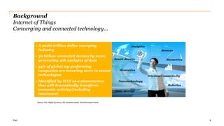 PwC
Background
Internet of Things
Converging and connected technology…
6
Smart devices
Sensors
Biometrics
Wireless Connectivity
Nanotechnology
Analytics
Robotics
• A multi-trillion dollar emerging
industry
• 50 billion connected devices by 2020,
generating 40k exabytes of data
• 54% of global top performing
companies are investing more in sensor
technologies
• Identified by WEF as a phenomenon
that will dramatically transform
economic activity (including
insurance)
Wearables
Sources: PwC Digital IQ survey, IDC, Business Insider, World Economic Forum
Data storage
 