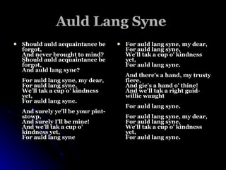Auld Lang Syne   Should auld acquaintance be forgot, And never brought to mind? Should auld acquaintance be forgot, And auld lang syne? For auld lang syne, my dear, For auld lang syne, We'll tak a cup o' kindness yet, For auld lang syne. And surely ye'll be your pint-stowp, And surely I'll be mine! And we'll tak a cup o' kindness yet, For auld lang syne   For auld lang syne, my dear, For auld lang syne, We'll tak a cup o' kindness yet, For auld lang syne. And there's a hand, my trusty fiere, And gie's a hand o' thine! And we'll tak a right guid-willie waught For auld lang syne. For auld lang syne, my dear, For auld lang syne, We'll tak a cup o' kindness yet, For auld lang syne.  