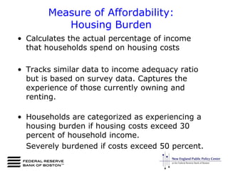 Measure of Affordability:Housing BurdenCalculates the actual percentage of income that households spend on housing costsTracks similar data to income adequacy ratio but is based on survey data. Captures the experience of those currently owning and renting.Households are categorized as experiencing a housing burden if housing costs exceed 30 percent of household income. 	Severely burdened if costs exceed 50 percent.
