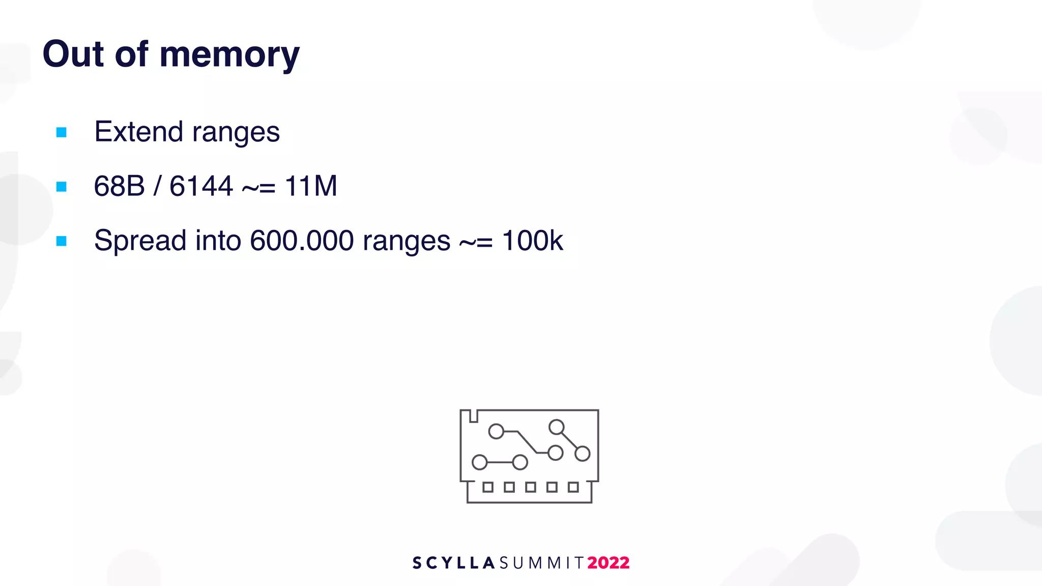 Out of memory
■ Extend ranges
■ 68B / 6144 ~= 11M
■ Spread into 600.000 ranges ~= 100k
 