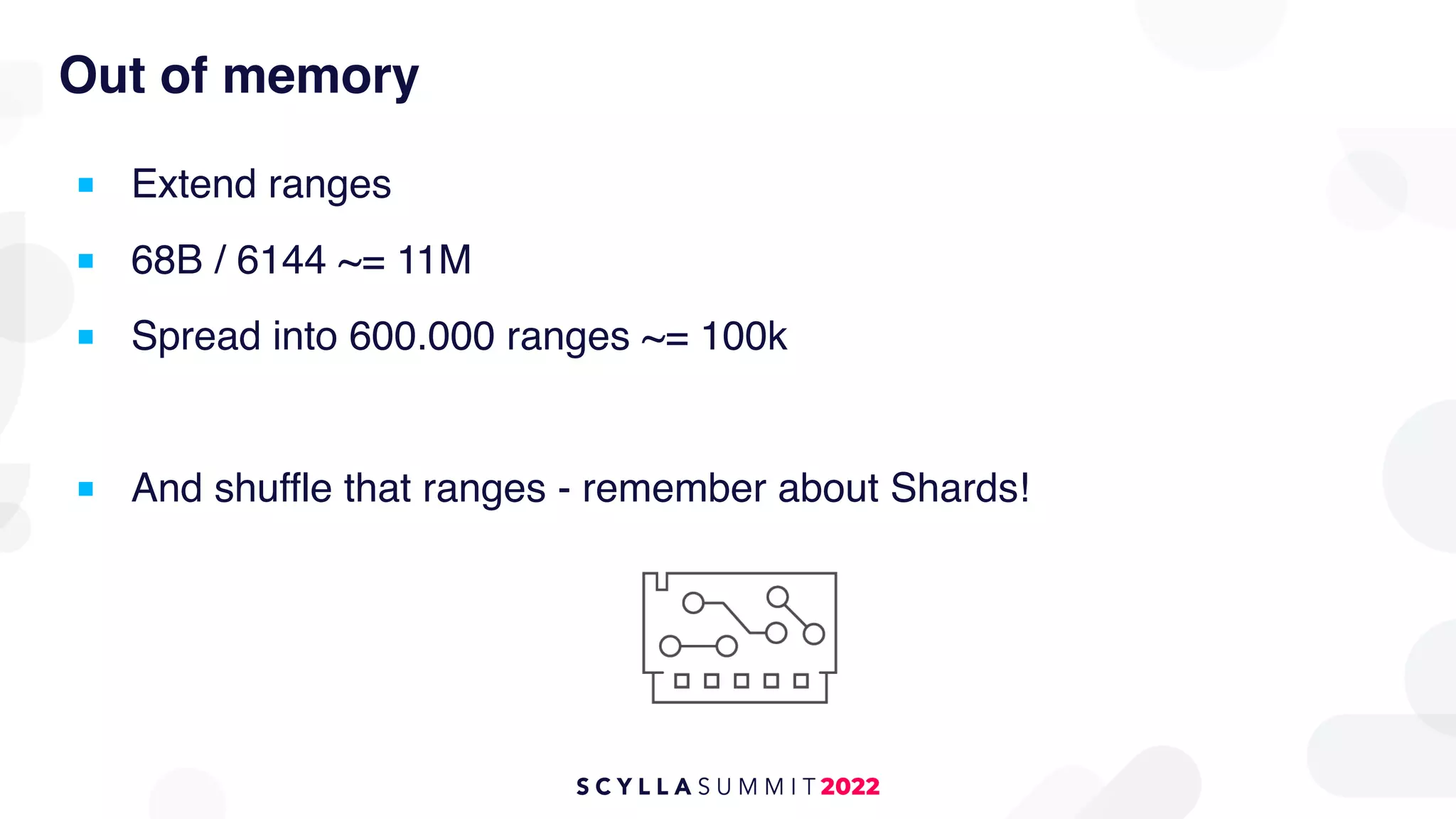 Out of memory
■ Extend ranges
■ 68B / 6144 ~= 11M
■ Spread into 600.000 ranges ~= 100k
■ And shuffle that ranges - remember about Shards!
 