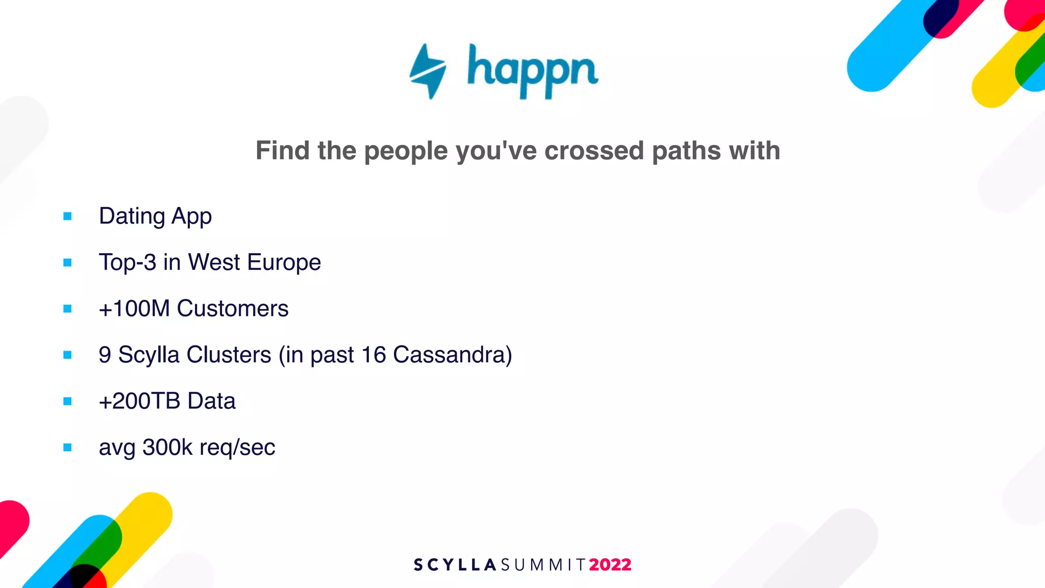 ■ Dating App
■ Top-3 in West Europe
■ +100M Customers
■ 9 Scylla Clusters (in past 16 Cassandra)
■ +200TB Data
■ avg 300k req/sec
Find the people you've crossed paths with
 