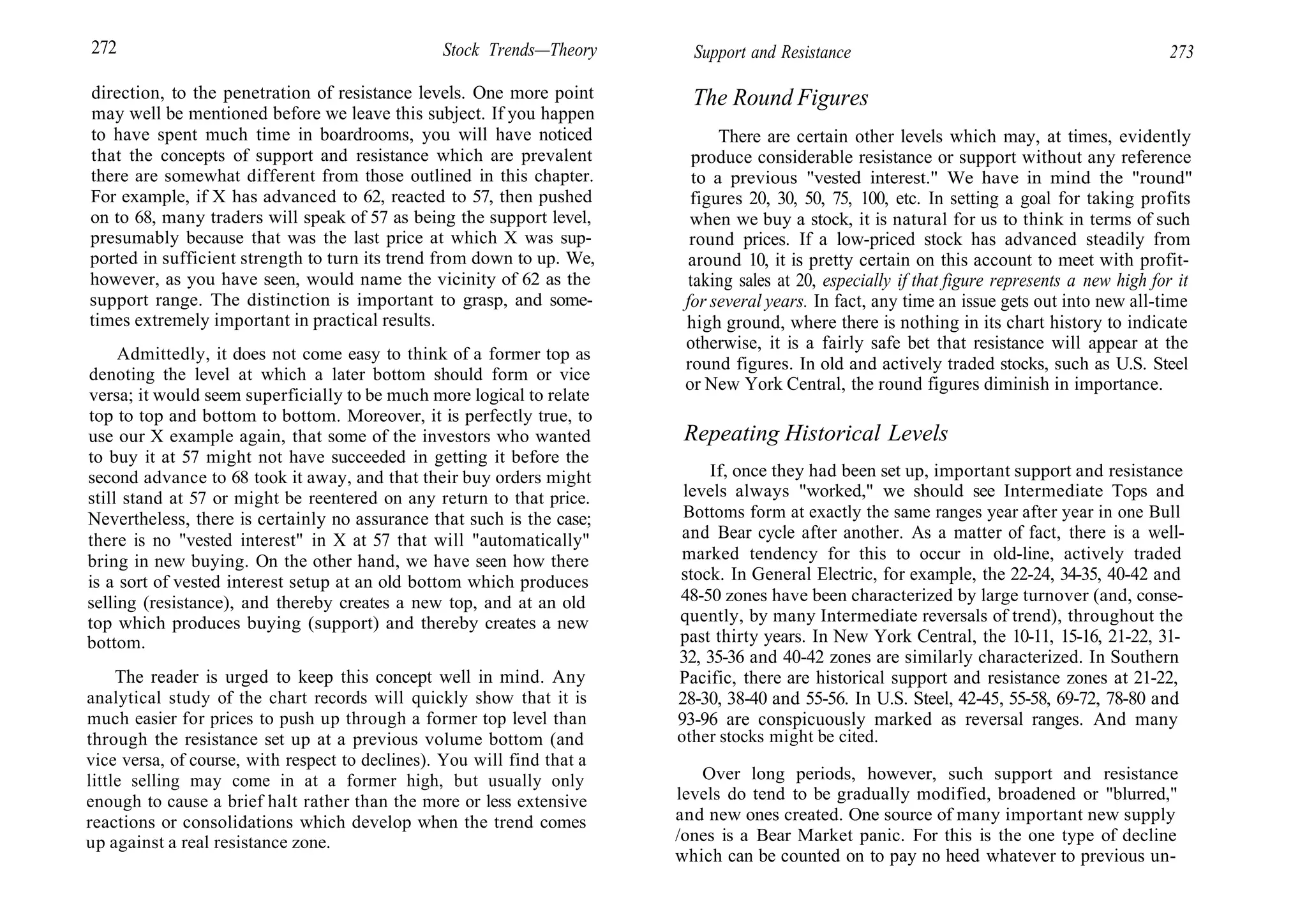 272 Stock Trends—Theory
direction, to the penetration of resistance levels. One more point
may well be mentioned before we leave this subject. If you happen
to have spent much time in boardrooms, you will have noticed
that the concepts of support and resistance which are prevalent
there are somewhat different from those outlined in this chapter.
For example, if X has advanced to 62, reacted to 57, then pushed
on to 68, many traders will speak of 57 as being the support level,
presumably because that was the last price at which X was sup-
ported in sufficient strength to turn its trend from down to up. We,
however, as you have seen, would name the vicinity of 62 as the
support range. The distinction is important to grasp, and some-
times extremely important in practical results.
Admittedly, it does not come easy to think of a former top as
denoting the level at which a later bottom should form or vice
versa; it would seem superficially to be much more logical to relate
top to top and bottom to bottom. Moreover, it is perfectly true, to
use our X example again, that some of the investors who wanted
to buy it at 57 might not have succeeded in getting it before the
second advance to 68 took it away, and that their buy orders might
still stand at 57 or might be reentered on any return to that price.
Nevertheless, there is certainly no assurance that such is the case;
there is no "vested interest" in X at 57 that will "automatically"
bring in new buying. On the other hand, we have seen how there
is a sort of vested interest setup at an old bottom which produces
selling (resistance), and thereby creates a new top, and at an old
top which produces buying (support) and thereby creates a new
bottom.
The reader is urged to keep this concept well in mind. Any
analytical study of the chart records will quickly show that it is
much easier for prices to push up through a former top level than
through the resistance set up at a previous volume bottom (and
vice versa, of course, with respect to declines). You will find that a
little selling may come in at a former high, but usually only
enough to cause a brief halt rather than the more or less extensive
reactions or consolidations which develop when the trend comes
up against a real resistance zone.
Support and Resistance 273
The Round Figures
There are certain other levels which may, at times, evidently
produce considerable resistance or support without any reference
to a previous "vested interest." We have in mind the "round"
figures 20, 30, 50, 75, 100, etc. In setting a goal for taking profits
when we buy a stock, it is natural for us to think in terms of such
round prices. If a low-priced stock has advanced steadily from
around 10, it is pretty certain on this account to meet with profit-
taking sales at 20, especially if that figure represents a new high for it
for several years. In fact, any time an issue gets out into new all-time
high ground, where there is nothing in its chart history to indicate
otherwise, it is a fairly safe bet that resistance will appear at the
round figures. In old and actively traded stocks, such as U.S. Steel
or New York Central, the round figures diminish in importance.
Repeating Historical Levels
If, once they had been set up, important support and resistance
levels always "worked," we should see Intermediate Tops and
Bottoms form at exactly the same ranges year after year in one Bull
and Bear cycle after another. As a matter of fact, there is a well-
marked tendency for this to occur in old-line, actively traded
stock. In General Electric, for example, the 22-24, 34-35, 40-42 and
48-50 zones have been characterized by large turnover (and, conse-
quently, by many Intermediate reversals of trend), throughout the
past thirty years. In New York Central, the 10-11, 15-16, 21-22, 31-
32, 35-36 and 40-42 zones are similarly characterized. In Southern
Pacific, there are historical support and resistance zones at 21-22,
28-30, 38-40 and 55-56. In U.S. Steel, 42-45, 55-58, 69-72, 78-80 and
93-96 are conspicuously marked as reversal ranges. And many
other stocks might be cited.
Over long periods, however, such support and resistance
levels do tend to be gradually modified, broadened or "blurred,"
and new ones created. One source of many important new supply
/ones is a Bear Market panic. For this is the one type of decline
which can be counted on to pay no heed whatever to previous un-
 