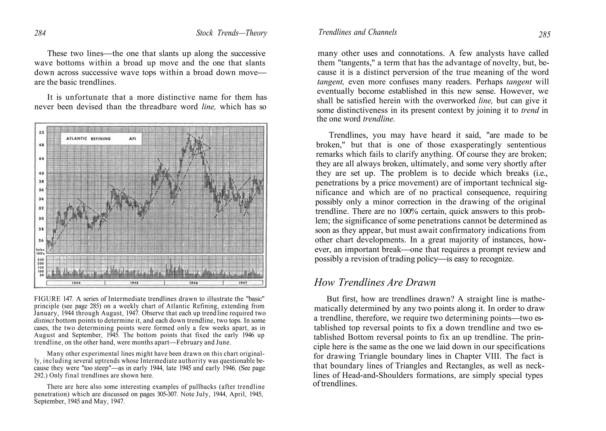 284 Stock Trends—Theory
These two lines—the one that slants up along the successive
wave bottoms within a broad up move and the one that slants
down across successive wave tops within a broad down move—
are the basic trendlines.
It is unfortunate that a more distinctive name for them has
never been devised than the threadbare word line, which has so
FIGURE 147. A series of Intermediate trendlines drawn to illustrate the "basic"
principle (see page 285) on a weekly chart of Atlantic Refining, extending from
January, 1944 through August, 1947. Observe that each up trendline required two
distinct bottom points to determine it, and each down trendline, two tops. In some
cases, the two determining points were formed only a few weeks apart, as in
August and September, 1945. The bottom points that fixed the early 1946 up
trendline, on the other hand, were months apart—February and June.
Many other experimental lines might have been drawn on this chart original-
ly, including several uptrends whose Intermediate authority was questionable be-
cause they were "too steep"—as in early 1944, late 1945 and early 1946. (See page
292.) Only final trendlines are shown here.
There are here also some interesting examples of pullbacks (after trendline
penetration) which are discussed on pages 305-307. Note July, 1944, April, 1945,
September, 1945 and May, 1947.
Trendlines and Channels 285
many other uses and connotations. A few analysts have called
them "tangents," a term that has the advantage of novelty, but, be-
cause it is a distinct perversion of the true meaning of the word
tangent, even more confuses many readers. Perhaps tangent will
eventually become established in this new sense. However, we
shall be satisfied herein with the overworked line, but can give it
some distinctiveness in its present context by joining it to trend in
the one word trendline.
Trendlines, you may have heard it said, "are made to be
broken," but that is one of those exasperatingly sententious
remarks which fails to clarify anything. Of course they are broken;
they are all always broken, ultimately, and some very shortly after
they are set up. The problem is to decide which breaks (i.e.,
penetrations by a price movement) are of important technical sig-
nificance and which are of no practical consequence, requiring
possibly only a minor correction in the drawing of the original
trendline. There are no 100% certain, quick answers to this prob-
lem; the significance of some penetrations cannot be determined as
soon as they appear, but must await confirmatory indications from
other chart developments. In a great majority of instances, how-
ever, an important break—one that requires a prompt review and
possibly a revision of trading policy—is easy to recognize.
How Trendlines Are Drawn
But first, how are trendlines drawn? A straight line is mathe-
matically determined by any two points along it. In order to draw
a trendline, therefore, we require two determining points—two es-
tablished top reversal points to fix a down trendline and two es-
tablished Bottom reversal points to fix an up trendline. The prin-
ciple here is the same as the one we laid down in our specifications
for drawing Triangle boundary lines in Chapter VIII. The fact is
that boundary lines of Triangles and Rectangles, as well as neck-
lines of Head-and-Shoulders formations, are simply special types
of trendlines.
 
