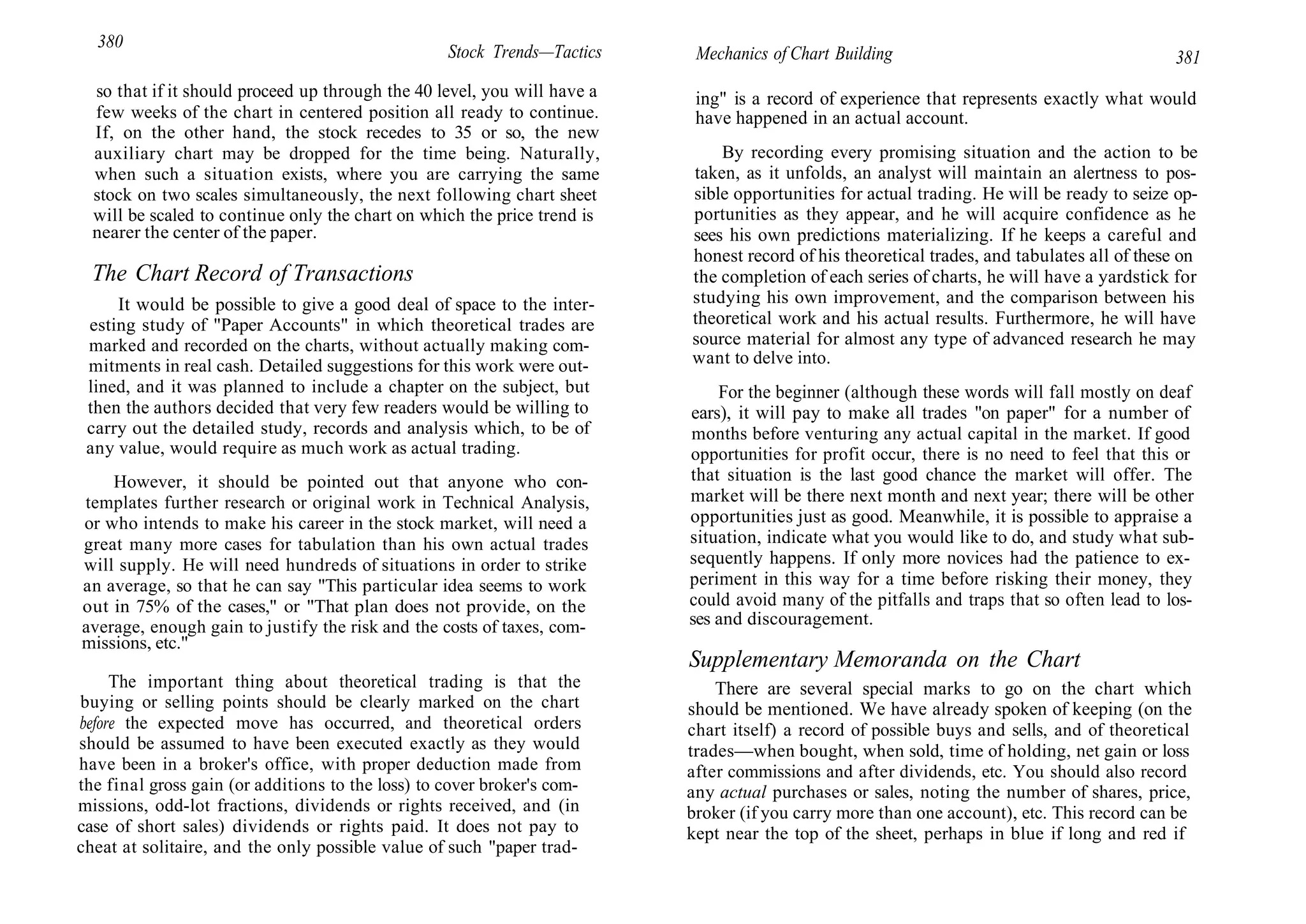 380
Stock Trends—Tactics
so that if it should proceed up through the 40 level, you will have a
few weeks of the chart in centered position all ready to continue.
If, on the other hand, the stock recedes to 35 or so, the new
auxiliary chart may be dropped for the time being. Naturally,
when such a situation exists, where you are carrying the same
stock on two scales simultaneously, the next following chart sheet
will be scaled to continue only the chart on which the price trend is
nearer the center of the paper.
The Chart Record of Transactions
It would be possible to give a good deal of space to the inter-
esting study of "Paper Accounts" in which theoretical trades are
marked and recorded on the charts, without actually making com-
mitments in real cash. Detailed suggestions for this work were out-
lined, and it was planned to include a chapter on the subject, but
then the authors decided that very few readers would be willing to
carry out the detailed study, records and analysis which, to be of
any value, would require as much work as actual trading.
However, it should be pointed out that anyone who con-
templates further research or original work in Technical Analysis,
or who intends to make his career in the stock market, will need a
great many more cases for tabulation than his own actual trades
will supply. He will need hundreds of situations in order to strike
an average, so that he can say "This particular idea seems to work
out in 75% of the cases," or "That plan does not provide, on the
average, enough gain to justify the risk and the costs of taxes, com-
missions, etc."
The important thing about theoretical trading is that the
buying or selling points should be clearly marked on the chart
before the expected move has occurred, and theoretical orders
should be assumed to have been executed exactly as they would
have been in a broker's office, with proper deduction made from
the final gross gain (or additions to the loss) to cover broker's com-
missions, odd-lot fractions, dividends or rights received, and (in
case of short sales) dividends or rights paid. It does not pay to
cheat at solitaire, and the only possible value of such "paper trad-
Mechanics of Chart Building 381
ing" is a record of experience that represents exactly what would
have happened in an actual account.
By recording every promising situation and the action to be
taken, as it unfolds, an analyst will maintain an alertness to pos-
sible opportunities for actual trading. He will be ready to seize op-
portunities as they appear, and he will acquire confidence as he
sees his own predictions materializing. If he keeps a careful and
honest record of his theoretical trades, and tabulates all of these on
the completion of each series of charts, he will have a yardstick for
studying his own improvement, and the comparison between his
theoretical work and his actual results. Furthermore, he will have
source material for almost any type of advanced research he may
want to delve into.
For the beginner (although these words will fall mostly on deaf
ears), it will pay to make all trades "on paper" for a number of
months before venturing any actual capital in the market. If good
opportunities for profit occur, there is no need to feel that this or
that situation is the last good chance the market will offer. The
market will be there next month and next year; there will be other
opportunities just as good. Meanwhile, it is possible to appraise a
situation, indicate what you would like to do, and study what sub-
sequently happens. If only more novices had the patience to ex-
periment in this way for a time before risking their money, they
could avoid many of the pitfalls and traps that so often lead to los-
ses and discouragement.
Supplementary Memoranda on the Chart
There are several special marks to go on the chart which
should be mentioned. We have already spoken of keeping (on the
chart itself) a record of possible buys and sells, and of theoretical
trades—when bought, when sold, time of holding, net gain or loss
after commissions and after dividends, etc. You should also record
any actual purchases or sales, noting the number of shares, price,
broker (if you carry more than one account), etc. This record can be
kept near the top of the sheet, perhaps in blue if long and red if
 