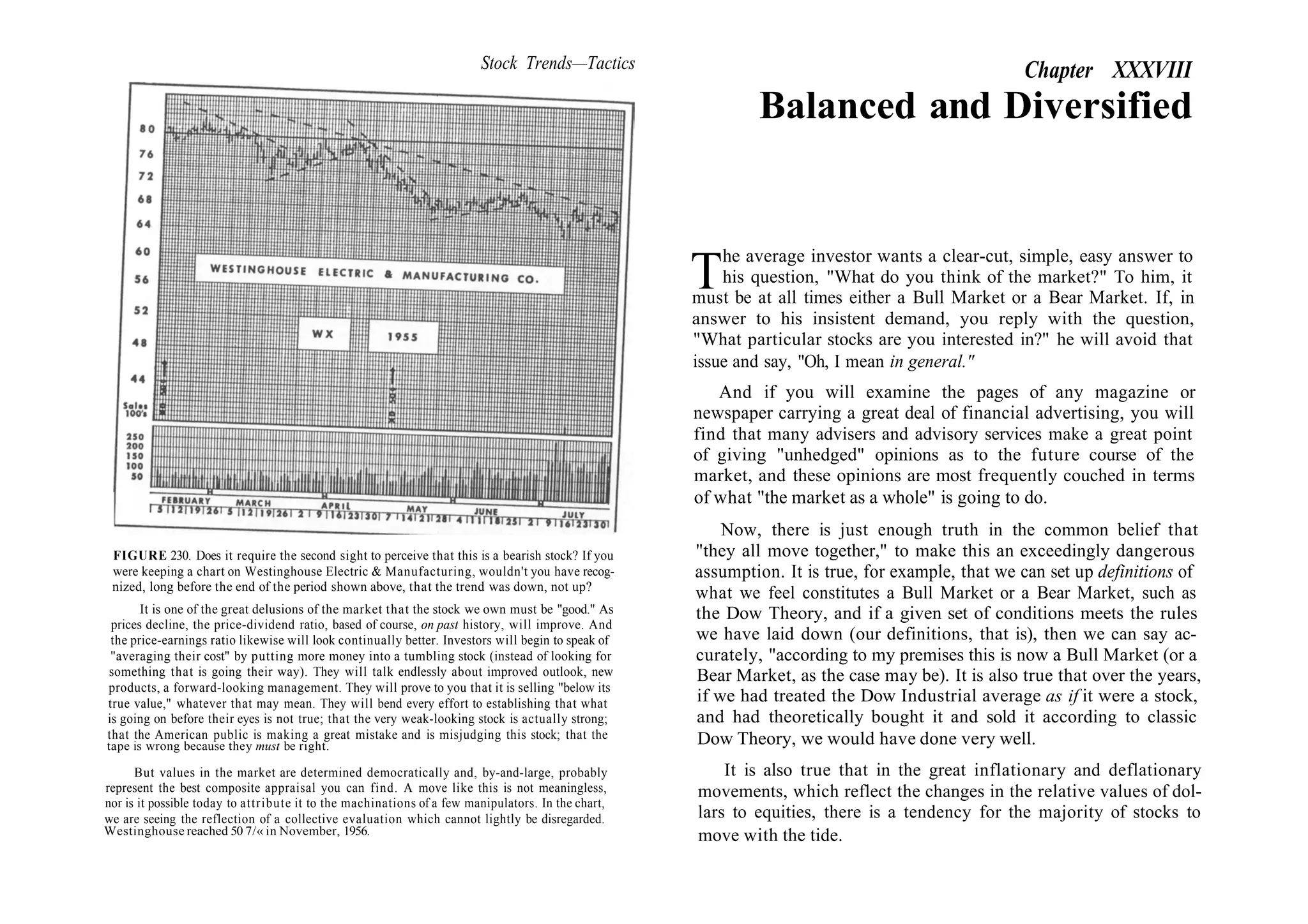Stock Trends—Tactics
FIGURE 230. Does it require the second sight to perceive that this is a bearish stock? If you
were keeping a chart on Westinghouse Electric & Manufacturing, wouldn't you have recog-
nized, long before the end of the period shown above, that the trend was down, not up?
It is one of the great delusions of the market that the stock we own must be "good." As
prices decline, the price-dividend ratio, based of course, on past history, will improve. And
the price-earnings ratio likewise will look continually better. Investors will begin to speak of
"averaging their cost" by putting more money into a tumbling stock (instead of looking for
something that is going their way). They will talk endlessly about improved outlook, new
products, a forward-looking management. They will prove to you that it is selling "below its
true value," whatever that may mean. They will bend every effort to establishing that what
is going on before their eyes is not true; that the very weak-looking stock is actually strong;
that the American public is making a great mistake and is misjudging this stock; that the
tape is wrong because they must be right.
But values in the market are determined democratically and, by-and-large, probably
represent the best composite appraisal you can find. A move like this is not meaningless,
nor is it possible today to attribute it to the machinations of a few manipulators. In the chart,
we are seeing the reflection of a collective evaluation which cannot lightly be disregarded.
Westinghouse reached 50 7/« in November, 1956.
Chapter XXXVIII
Balanced and Diversified
The average investor wants a clear-cut, simple, easy answer to
his question, "What do you think of the market?" To him, it
must be at all times either a Bull Market or a Bear Market. If, in
answer to his insistent demand, you reply with the question,
"What particular stocks are you interested in?" he will avoid that
issue and say, "Oh, I mean in general."
And if you will examine the pages of any magazine or
newspaper carrying a great deal of financial advertising, you will
find that many advisers and advisory services make a great point
of giving "unhedged" opinions as to the future course of the
market, and these opinions are most frequently couched in terms
of what "the market as a whole" is going to do.
Now, there is just enough truth in the common belief that
"they all move together," to make this an exceedingly dangerous
assumption. It is true, for example, that we can set up definitions of
what we feel constitutes a Bull Market or a Bear Market, such as
the Dow Theory, and if a given set of conditions meets the rules
we have laid down (our definitions, that is), then we can say ac-
curately, "according to my premises this is now a Bull Market (or a
Bear Market, as the case may be). It is also true that over the years,
if we had treated the Dow Industrial average as if it were a stock,
and had theoretically bought it and sold it according to classic
Dow Theory, we would have done very well.
It is also true that in the great inflationary and deflationary
movements, which reflect the changes in the relative values of dol-
lars to equities, there is a tendency for the majority of stocks to
move with the tide.
 
