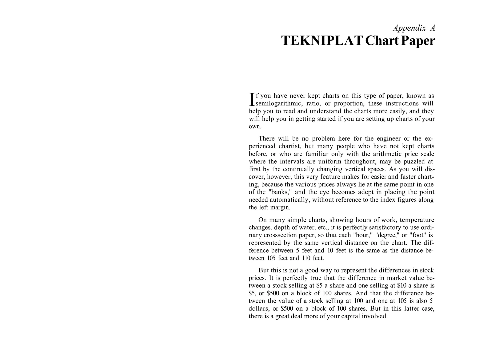 Appendix A
TEKNIPLATChartPaper
If you have never kept charts on this type of paper, known as
semilogarithmic, ratio, or proportion, these instructions will
help you to read and understand the charts more easily, and they
will help you in getting started if you are setting up charts of your
own.
There will be no problem here for the engineer or the ex-
perienced chartist, but many people who have not kept charts
before, or who are familiar only with the arithmetic price scale
where the intervals are uniform throughout, may be puzzled at
first by the continually changing vertical spaces. As you will dis-
cover, however, this very feature makes for easier and faster chart-
ing, because the various prices always lie at the same point in one
of the "banks," and the eye becomes adept in placing the point
needed automatically, without reference to the index figures along
the left margin.
On many simple charts, showing hours of work, temperature
changes, depth of water, etc., it is perfectly satisfactory to use ordi-
nary crosssection paper, so that each "hour," "degree," or "foot" is
represented by the same vertical distance on the chart. The dif-
ference between 5 feet and 10 feet is the same as the distance be-
tween 105 feet and 110 feet.
But this is not a good way to represent the differences in stock
prices. It is perfectly true that the difference in market value be-
tween a stock selling at $5 a share and one selling at $10 a share is
$5, or $500 on a block of 100 shares. And that the difference be-
tween the value of a stock selling at 100 and one at 105 is also 5
dollars, or $500 on a block of 100 shares. But in this latter case,
there is a great deal more of your capital involved.
 