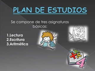 Se compone de tres asignaturas
           básicas:

1.Lectura
2.Escritura
3.Aritmética
 