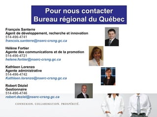 Pour nous contacter
                Bureau régional du Québec
François Santerre
Agent de développement, recherche et innovation
514-496-4741
francois.santerre@nserc-crsng.gc.ca

Hélène Fortier
Agente des communications et de la promotion
514-496-4721
helene.fortier@nserc-crsng.gc.ca

Kathleen Lorenzo
Agente administrative
514-496-4742
Kathleen.lorenzo@nserc-crsng.gc.ca

Robert Déziel
Gestionnaire
514-496-4746
robert.deziel@nserc-crsng.gc.ca


                                                  10
 